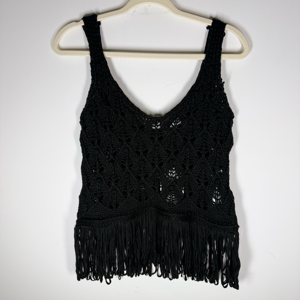 Zara Black Crochet Knit Fringe Tank Top - Size Small - Boho Festival